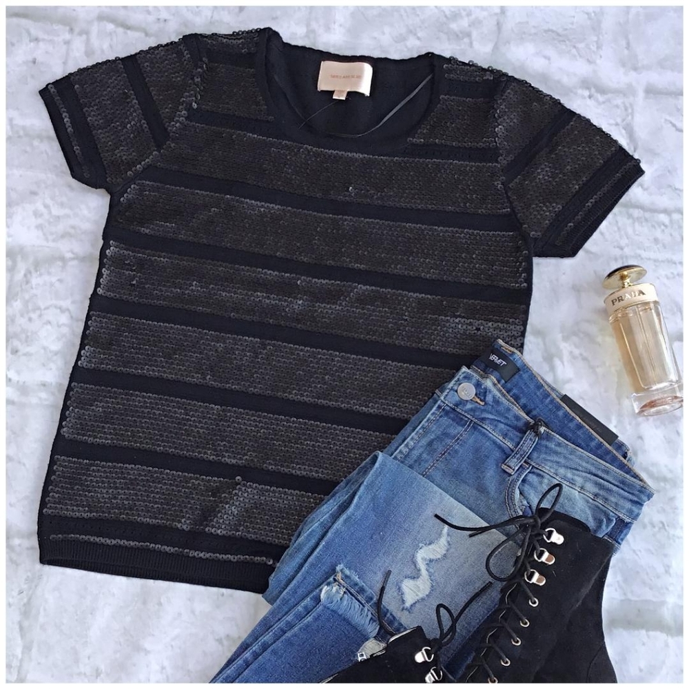 LAST ONE! SKIES ARE BLUE Stitch Fix Matte Black Sequins Top - Picture 7 of 8